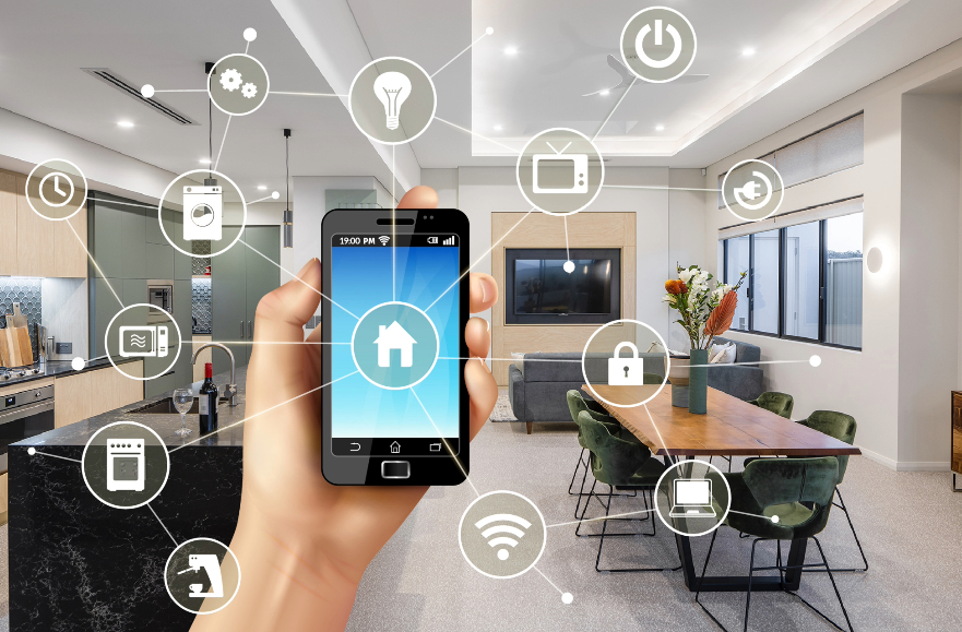 Futuristic smart home with AI-powered security features ensuring device protection