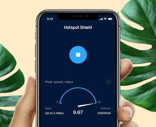 Hotspot Shield app interface displaying data usage and VPN connection status