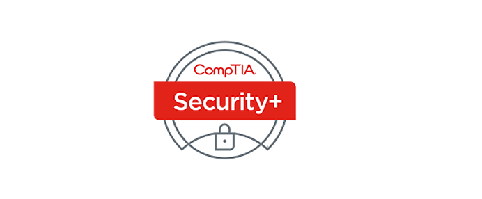 CompTIA Security+ certification logo and cybersecurity focus areas like network security and cryptography